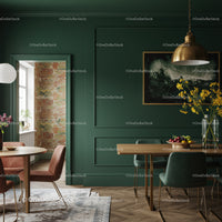 Elegant Green Dining Room with Gold Pendant Light and Velvet Chairs