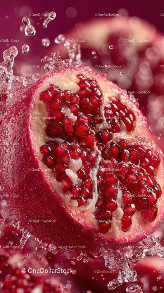 Juicy Pomegranate Halves Splashing with Water