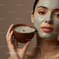 Young Woman with Gray Clay Facial Mask Holding Clay Bowl for Skincare
