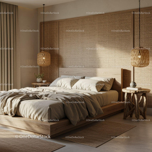 Cozy natural bedroom with wicker pendant lights