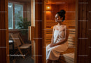 Relaxing Woman Sitting in Sauna Cabin with Wooden Interior
