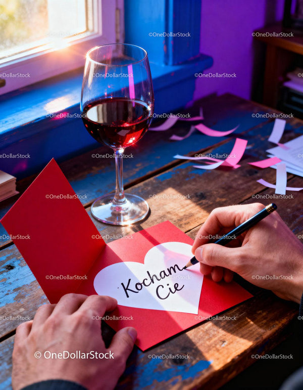 Handwriting Romantic Message on Valentines Card with Wine