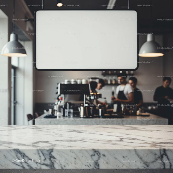 Marble Coffee Counter with Baristas Working Behind JPG Mockup Image