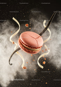 Pink macaron with vanilla bean and cream swirls in motion