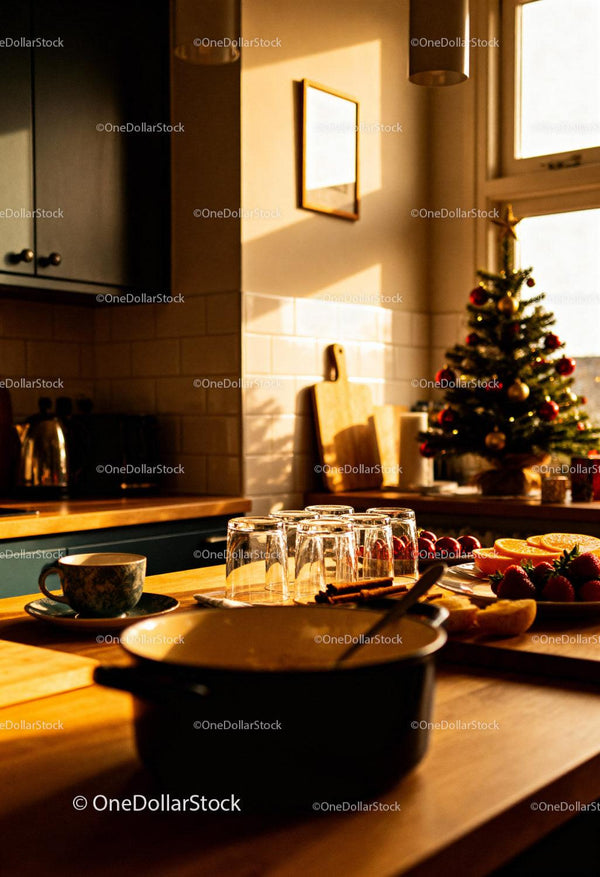 Cozy kitchen with Christmas tree and fresh fruit on table