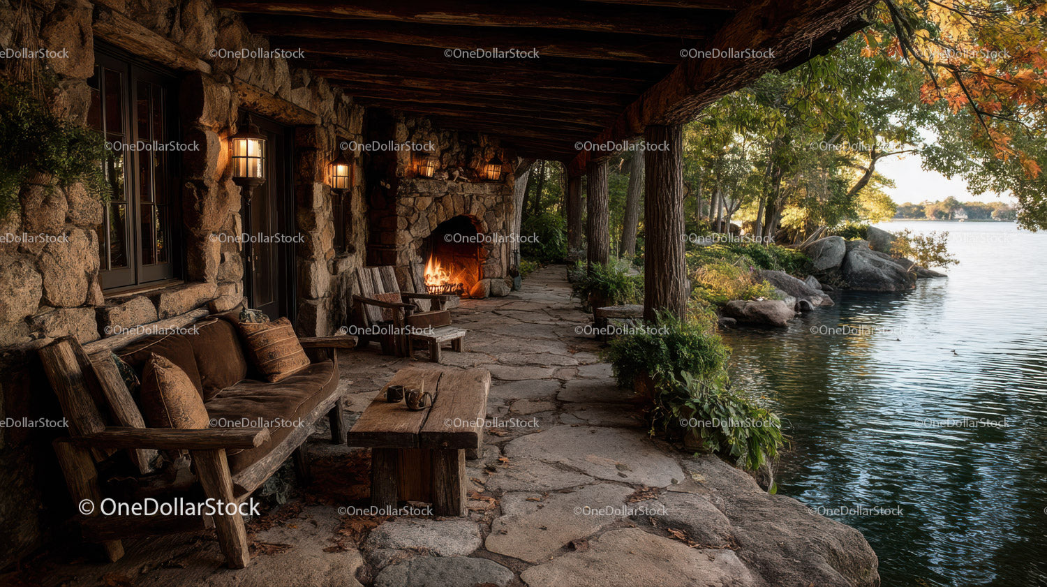 Rustic Lakeside Patio with Outdoor Fireplace and Trees