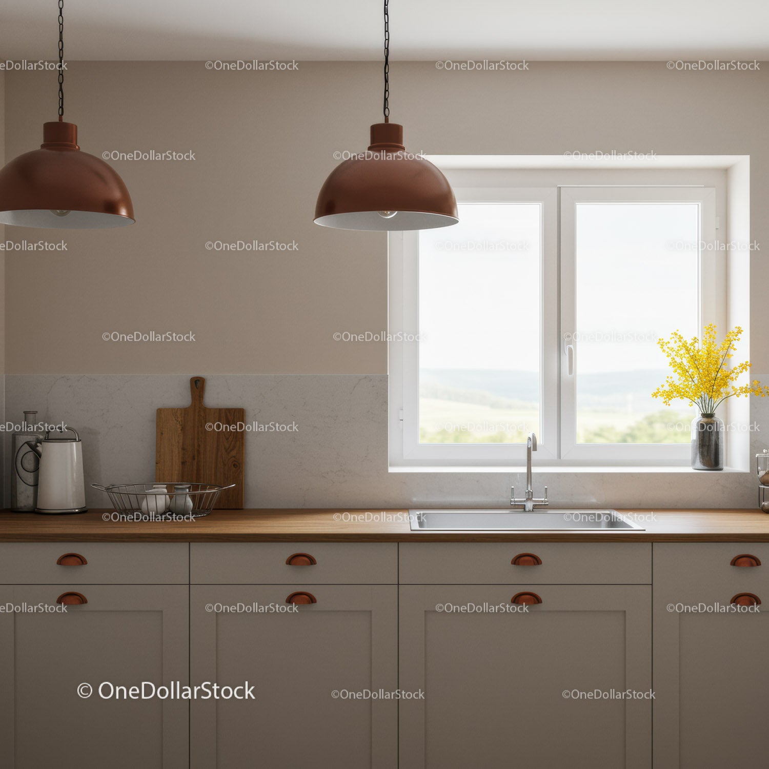 Modern Kitchen with Wooden Countertop and Pendant Lights Bright Atmosphere