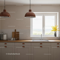 Modern Kitchen with Wooden Countertop and Pendant Lights Bright Atmosphere