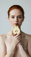 Elegant Portrait of a Woman with Red Hair Holding a Pear for Natural Beauty