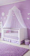 Cute Nursery with Purple Walls and White Bed Canopy for Baby