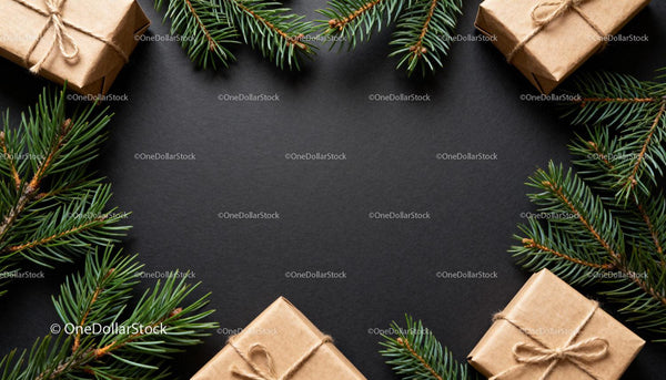 Natural Gift Boxes with Fir Branches on Dark Surface