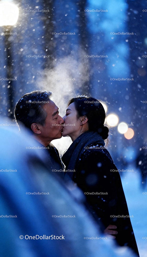 Couple Sharing a Tender Kiss in Snowy Evening