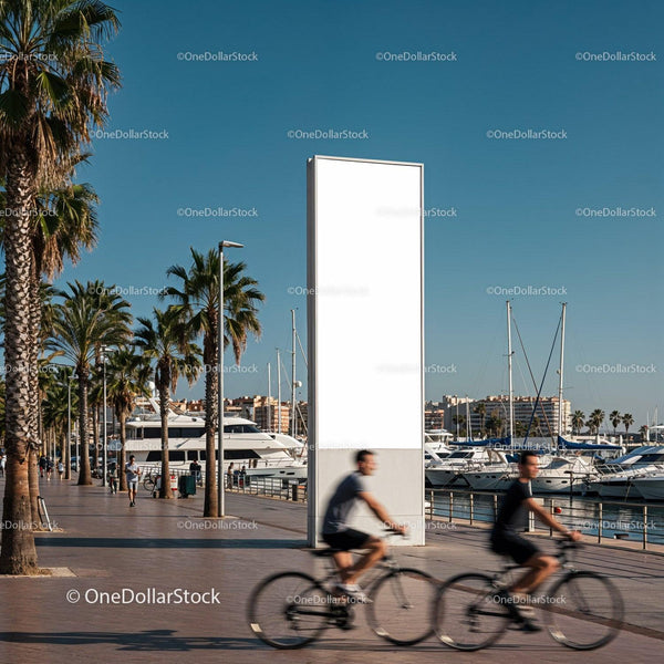 Cyclists riding past blank billboard by marina promenade JPG Mockup Image