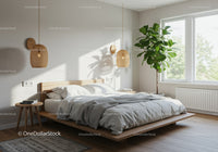 Minimalist bedroom with natural light and green plant