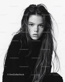 Black and White Female Portrait with Long Wavy Hair