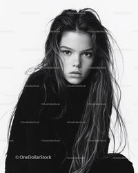 Black and White Female Portrait with Long Wavy Hair