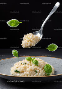 Creamy risotto with fresh basil on a rustic plate