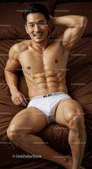 Fit man relaxing on bed in white underwear
