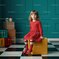 Little girl in red polka dot dress sitting indoors