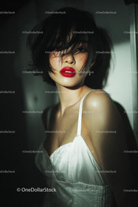 Elegant Woman with Red Lips in Stylish Evening Dress