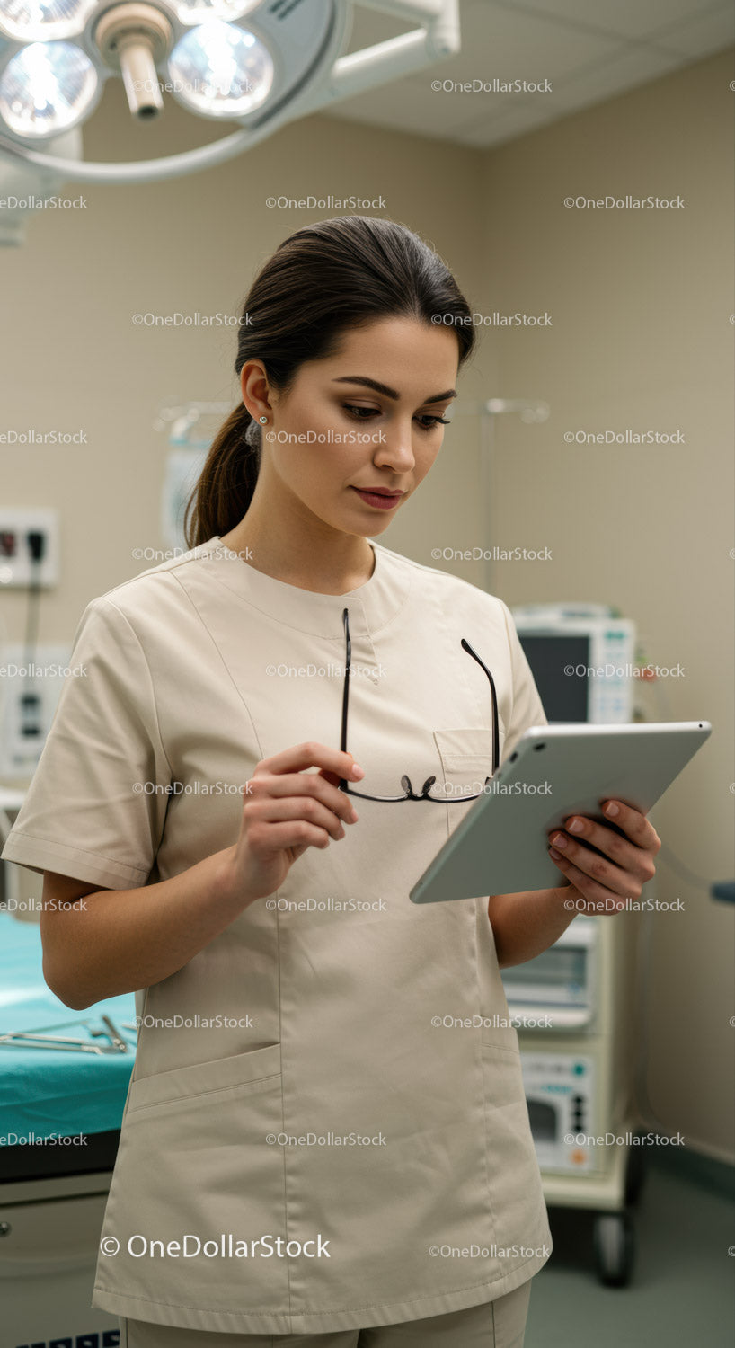 Female Healthcare Professional Using Digital Tablet in Hospital Setting