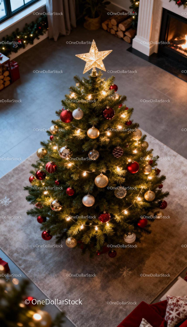 Cozy Living Room with Decorated Christmas Tree and Fireplace