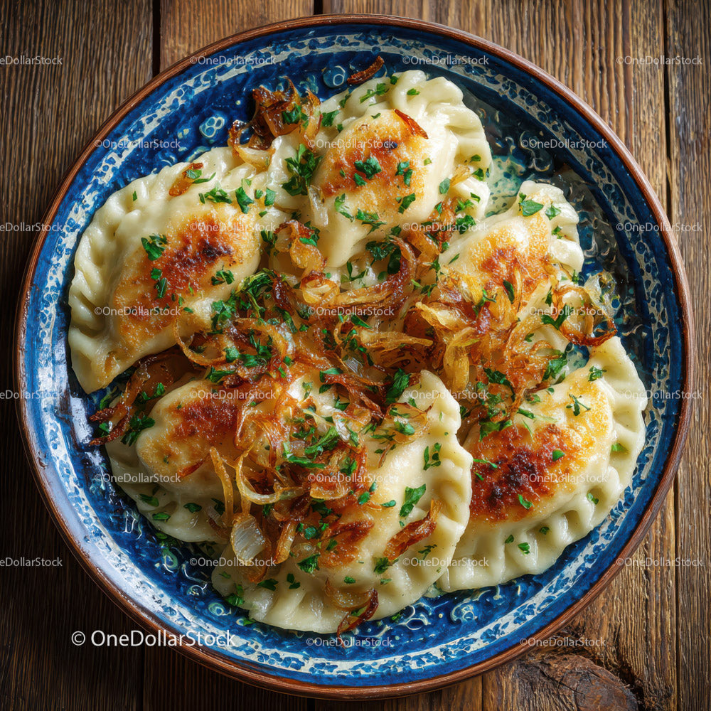 Delicious Cheese Ravioli with Fried Onions and Herbs on Rustic Plate