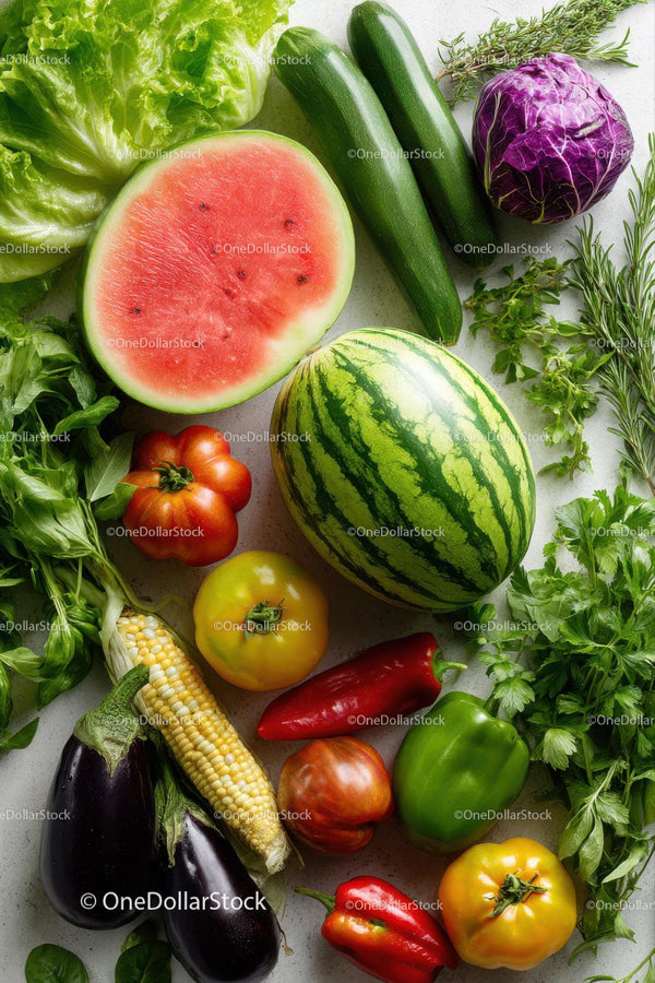 Fresh Assortment of Watermelon Zucchini and Colorful Vegetables