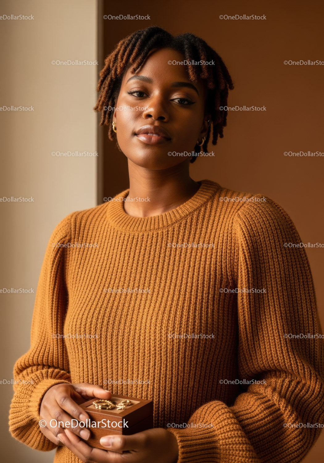 Elegant African American Woman in Warm Sweater Holding Jewelry Box