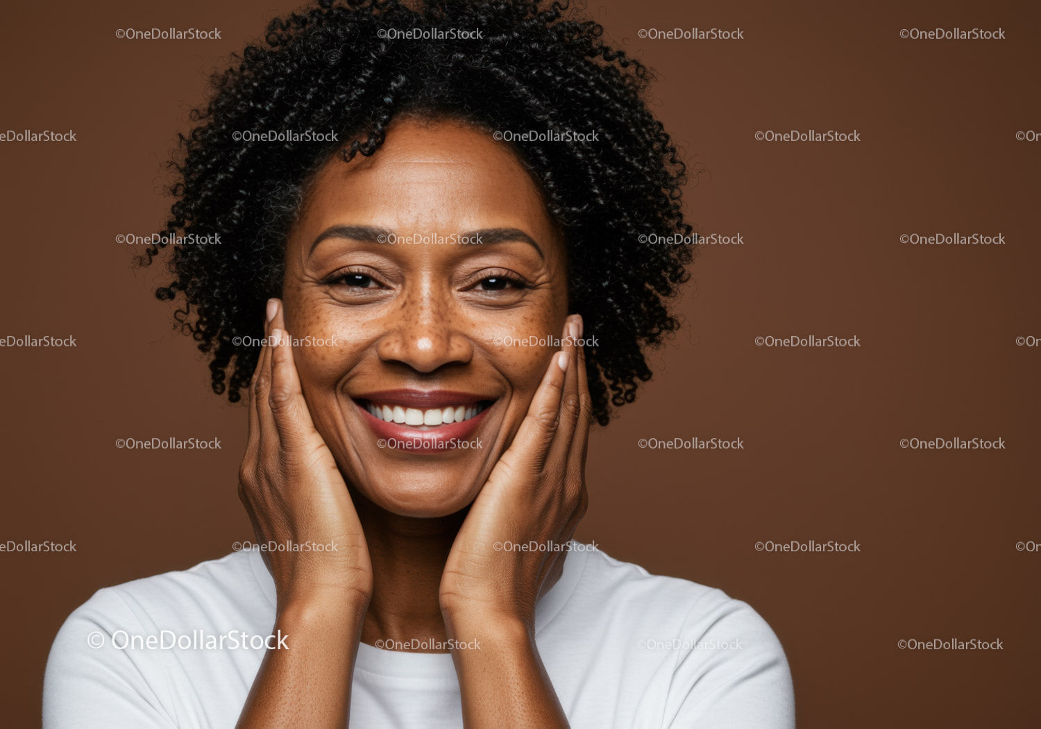 Bright Smiling Woman with Curly Hair in Warm Brown Background