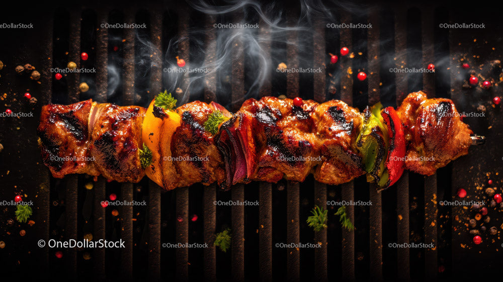 Colorful Grilled Meat and Vegetable Skewers on Barbecue Grill