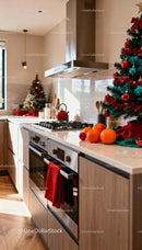 Cozy modern kitchen with festive Christmas decor and fresh oranges