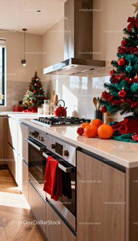Cozy modern kitchen with festive Christmas decor and fresh oranges