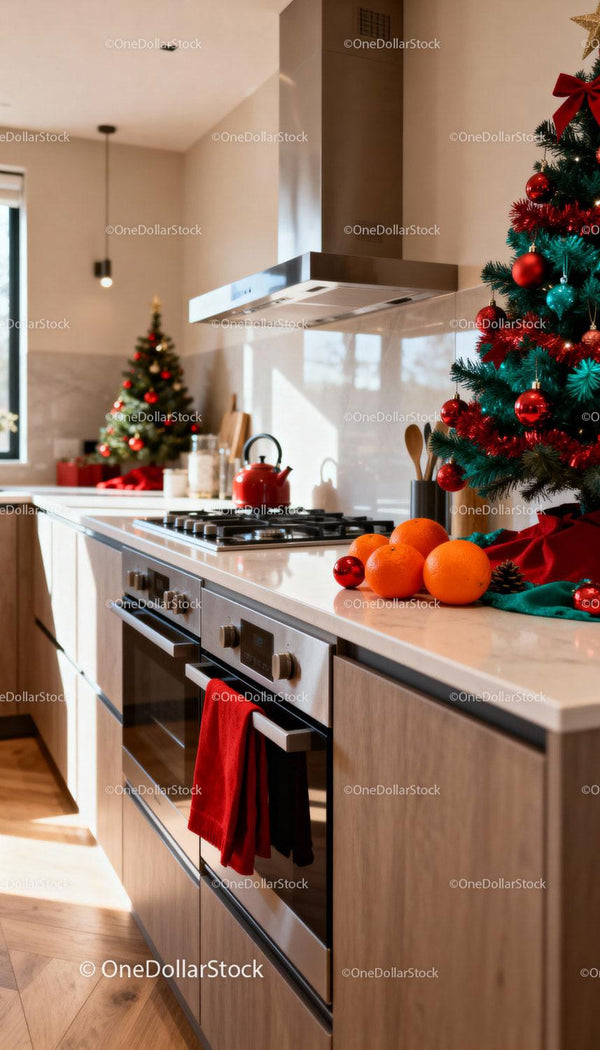 Cozy modern kitchen with festive Christmas decor and fresh oranges