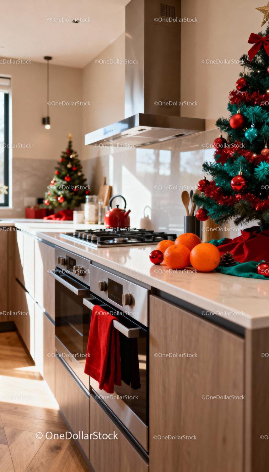 Cozy modern kitchen with festive Christmas decor and fresh oranges