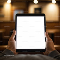 Person Holding Tablet with Blank Screen in Cozy Interior