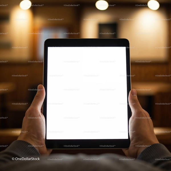 Person Holding Tablet with Blank Screen in Cozy Interior JPG Mockup Image