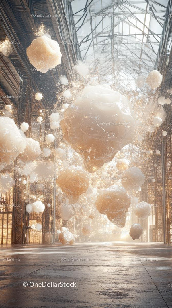 Futuristic Art Installation of Floating Rocks in Loft Space