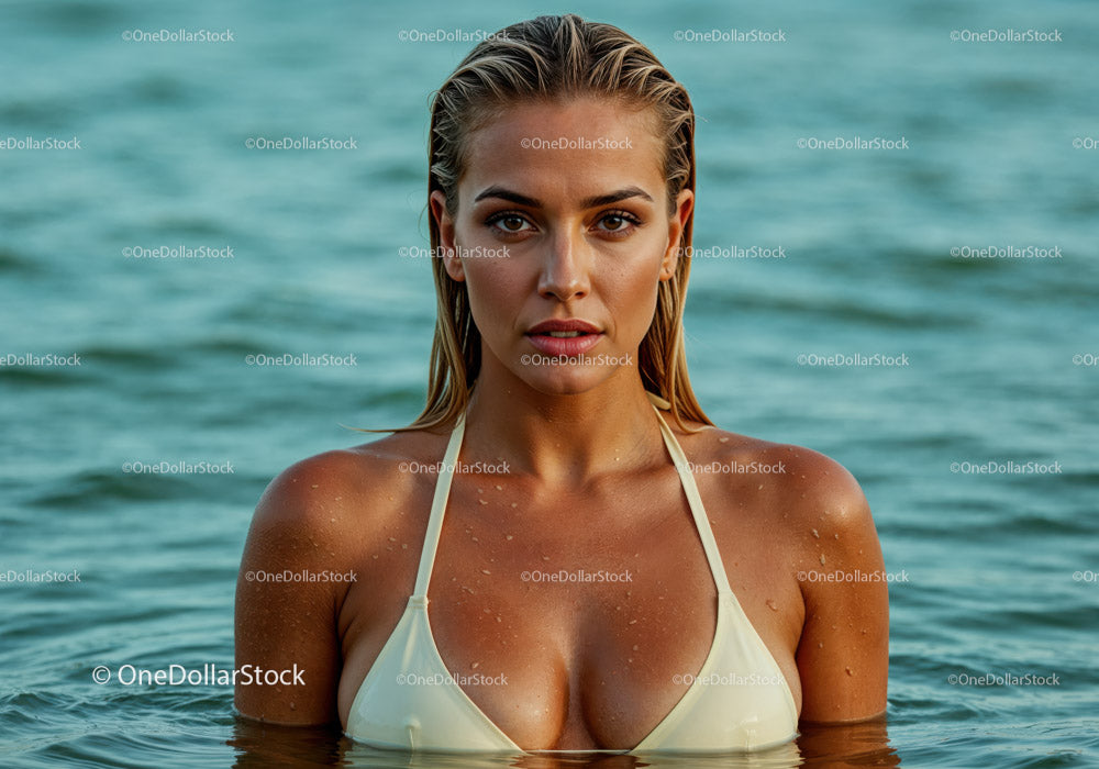 Młoda kobieta w białym bikini w niebieskiej wodzie z rozświetloną słońcem skórą