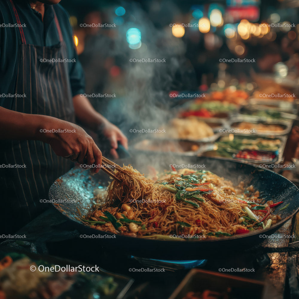 Vibrant Night Market Street Food Cooking with Stir-Fry Noodles
