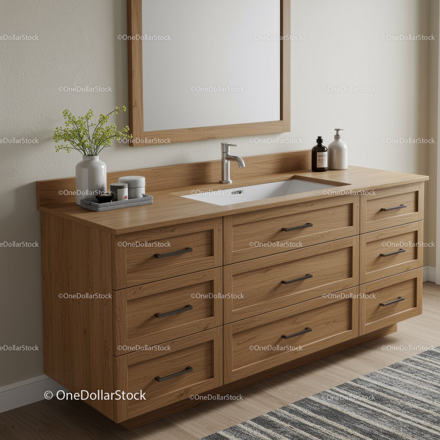 Nowoczesna drewniana szafka łazienkowa z białą ceramiczną umywalką