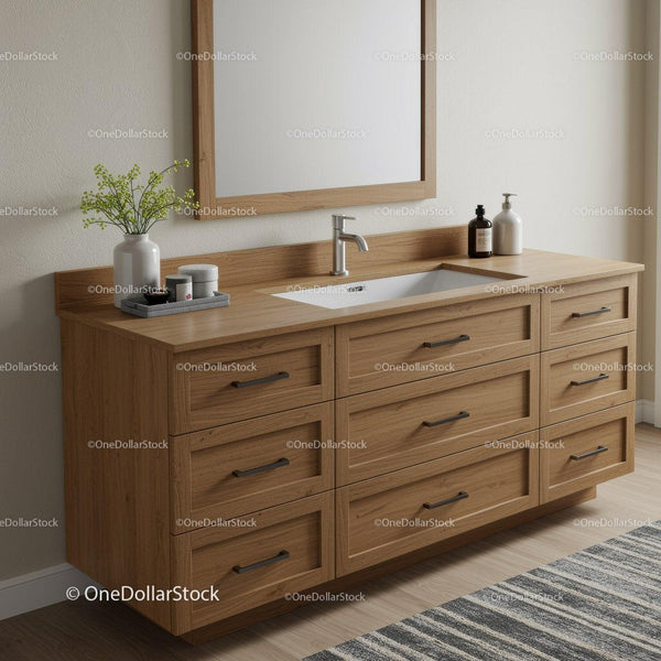 Nowoczesna drewniana szafka łazienkowa z białą ceramiczną umywalką