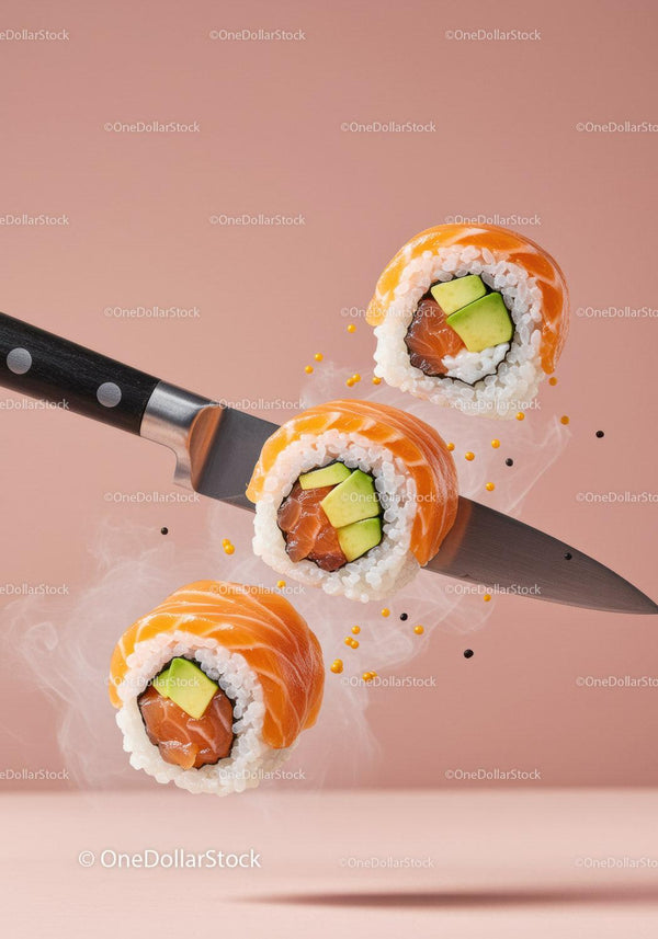 Fresh salmon sushi rolls balanced on sharp kitchen knife