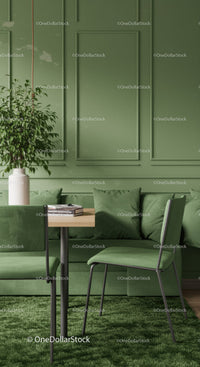 Green Indoor Space with Modern Sofa and Potted Plant