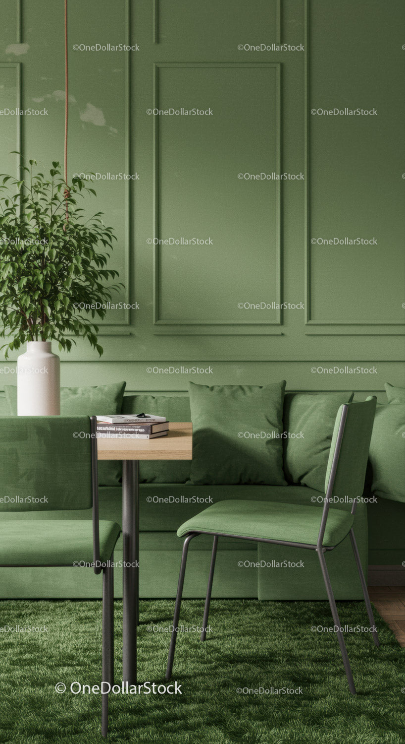 Green Indoor Space with Modern Sofa and Potted Plant