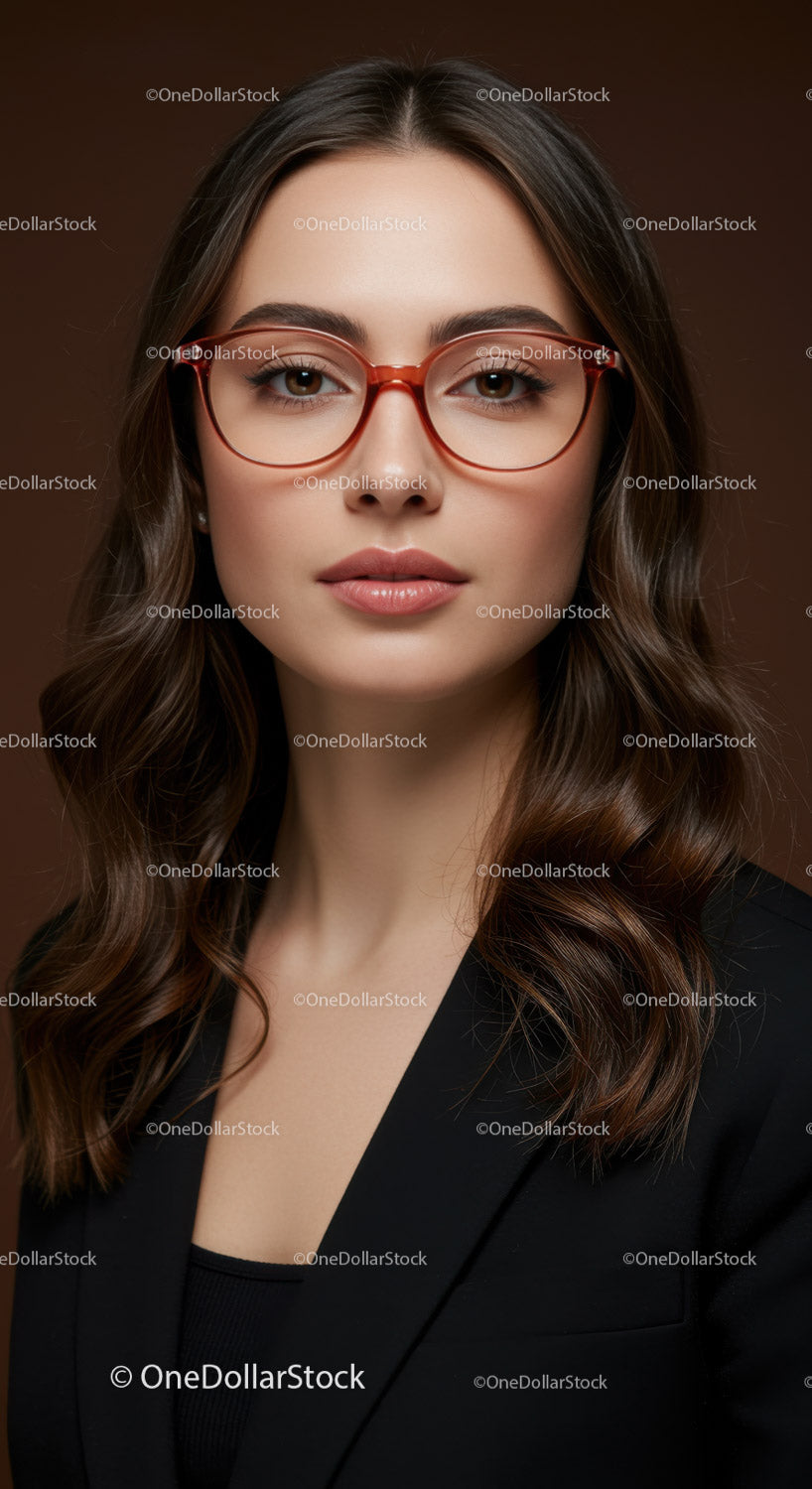 Elegant Young Woman in Red Glasses with Long Wavy Hair