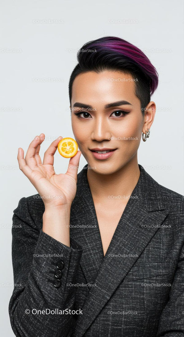 Vibrant Young Man with Colorful Hair Holding Lemon Slice