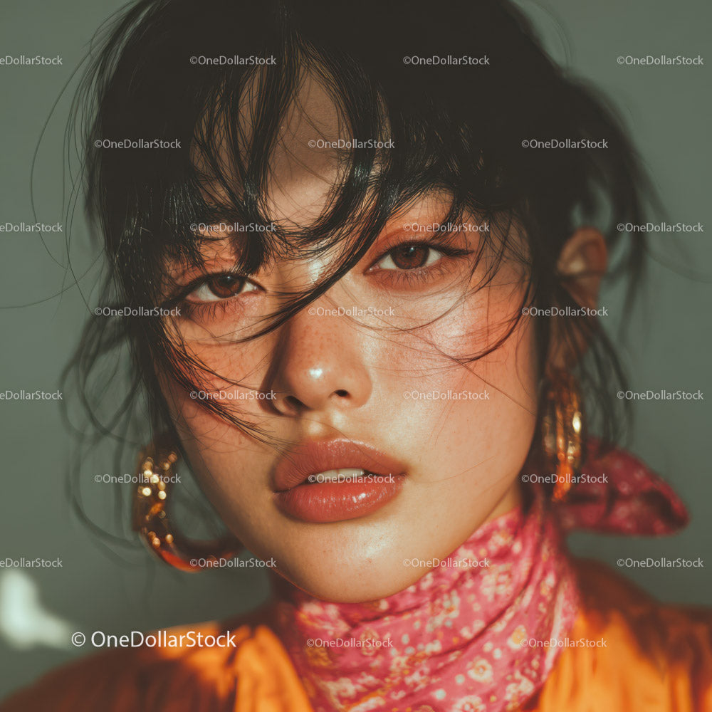 Vibrant Fashion Portrait of a Woman with Curly Hair and Brown Eyes