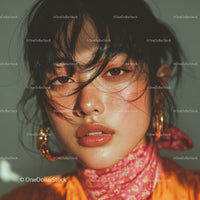 Vibrant Fashion Portrait of a Woman with Curly Hair and Brown Eyes
