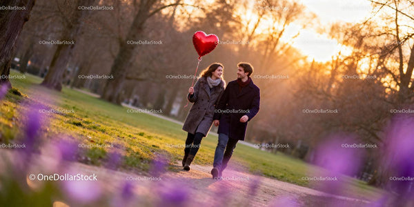 Couple Walking in Park Holding Heart-Shaped Balloon